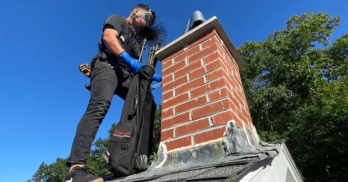 Chimney sweeping technician using a brush beside a residential brick chimney