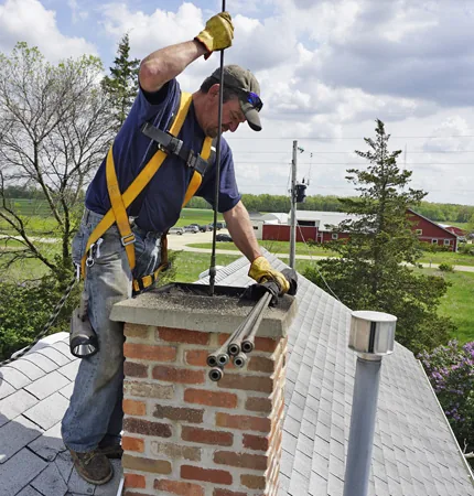 Harnessed technician carefully working at a chimney on a sloped roof