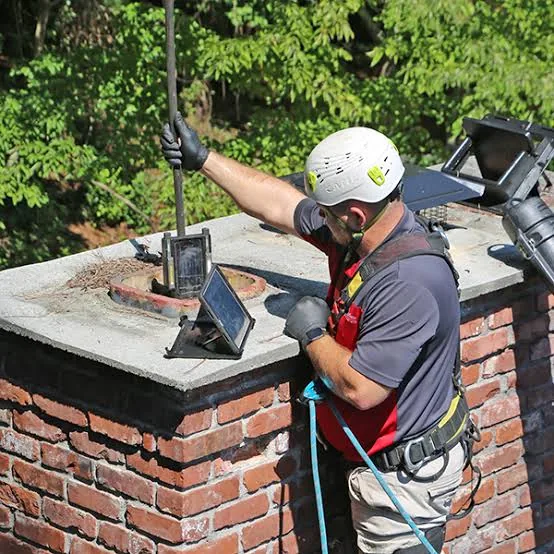 Harnessed chimney technician working beside a residential brick chimney