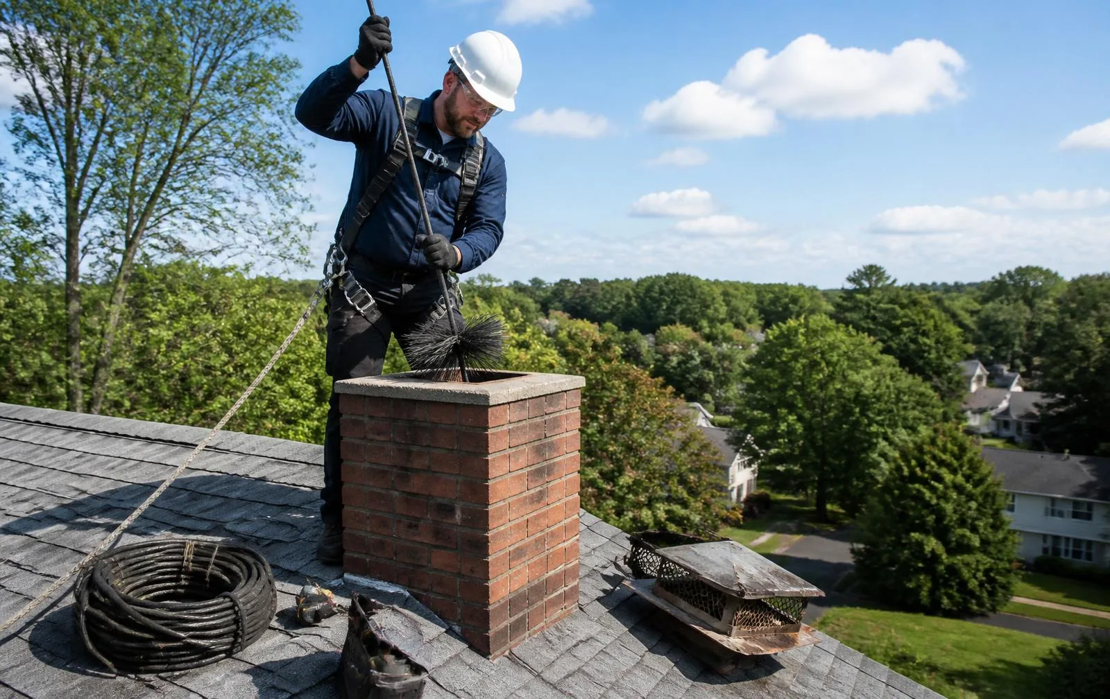 Chimney professional using cleaning rods on a residential brick chimney