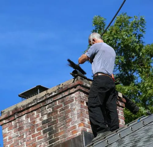 Technician evaluating the top of a residential brick chimney