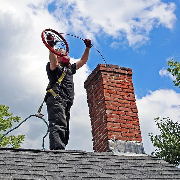 Rotary chimney brush system operating beside a brick chimney